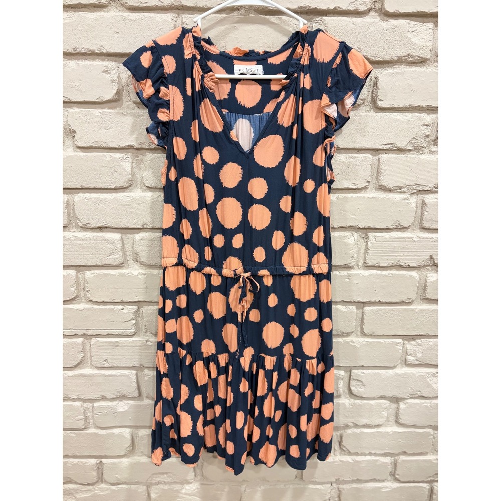 Velvet by Graham & Spencer Polka Dot Ruffle Mini Dress Navy Peach Size M